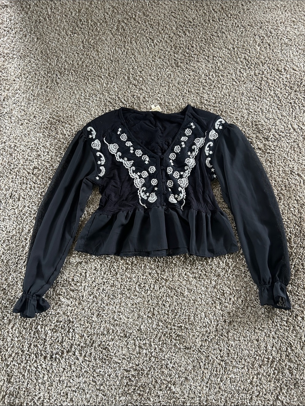 Black Embroidered Peplum Blouse with Sheer Long Sleeves